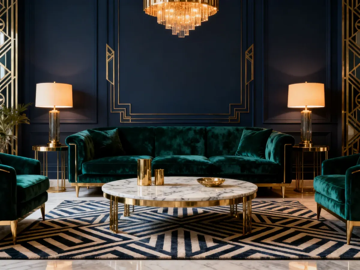 Elegancki salon Art Deco z symetrycznym układem, aksamitną sofą i geometrycznymi dodatkami
