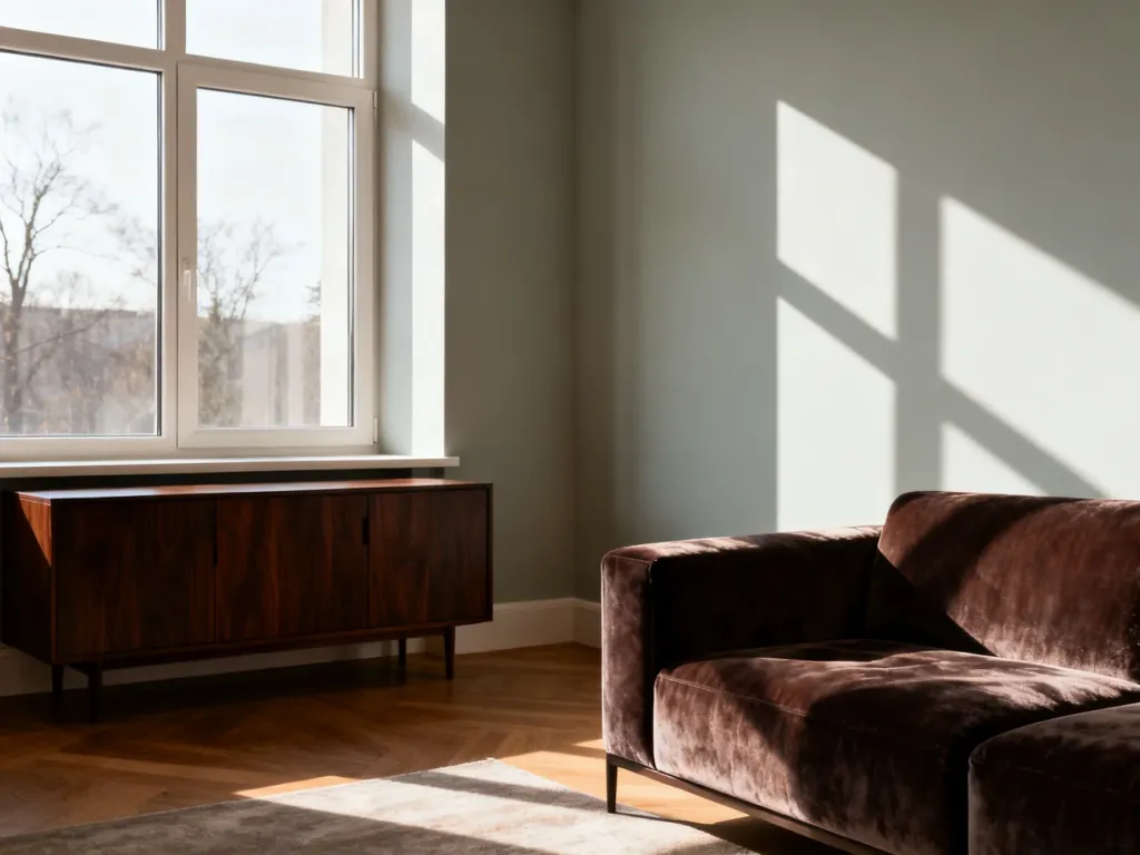Nowoczesny salon z ciemnymi meblami z mahoniu i ścianami w odcieniu jasnego greige, które tworzą harmonijny kontrast.