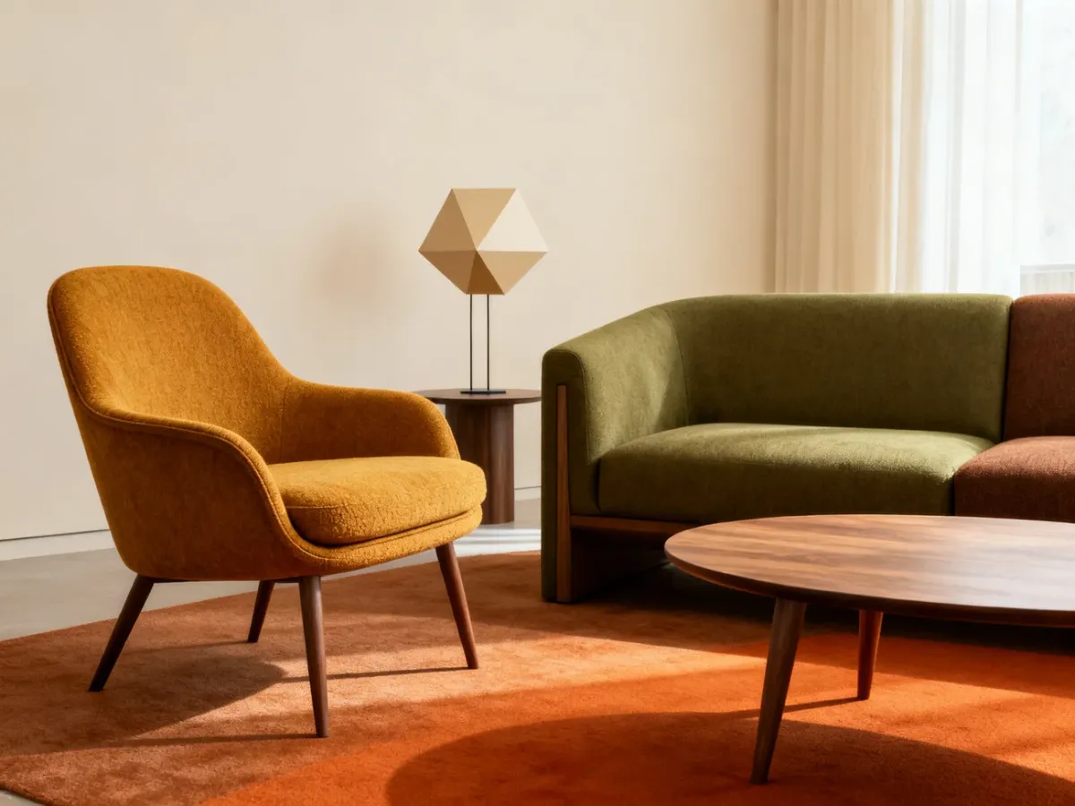 Nowoczesny salon z retro fotelem, zaokrąglonym stolikiem i geometryczną lampą