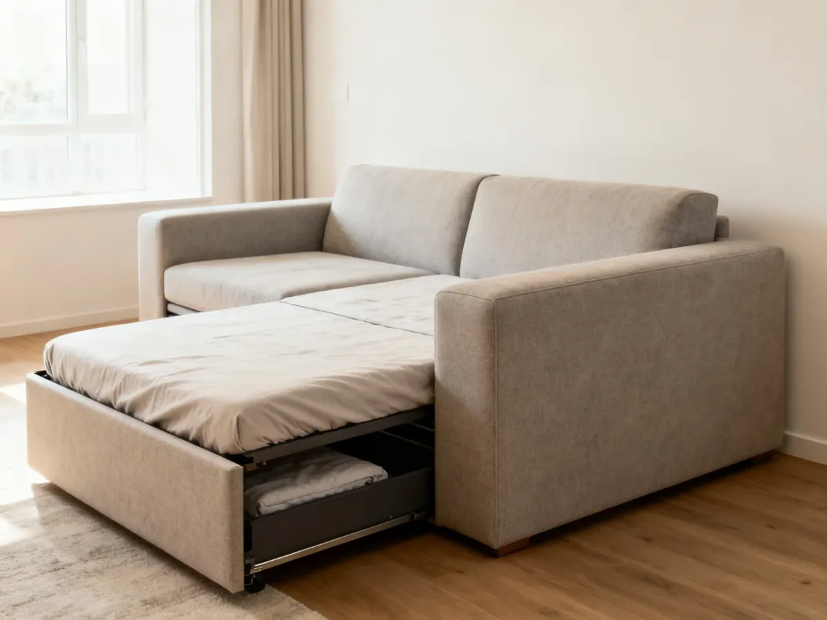 Rozłożona sofa z pojemnikiem na pościel w jasnym, niewielkim mieszkaniu
