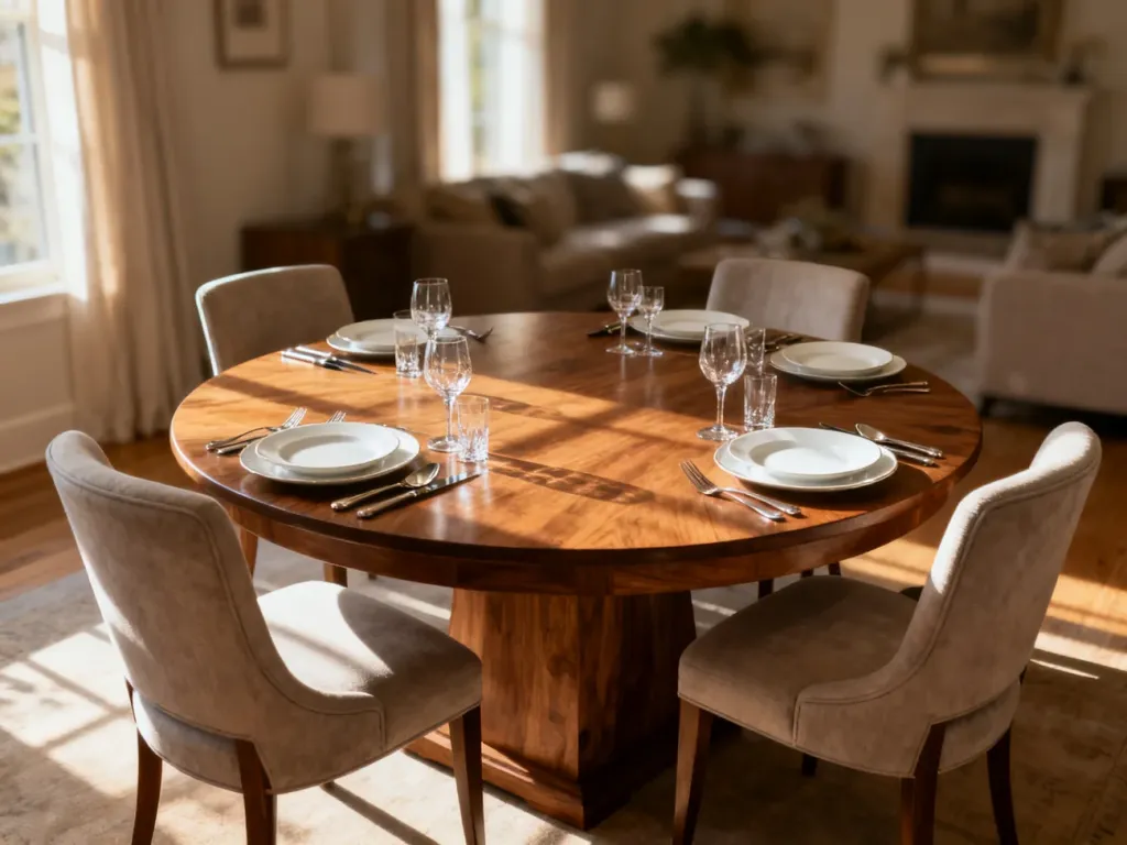 Elegancki dębowy stół o średnicy 150 cm nakryty dla sześciu osób w przestronnej, słonecznej jadalni.