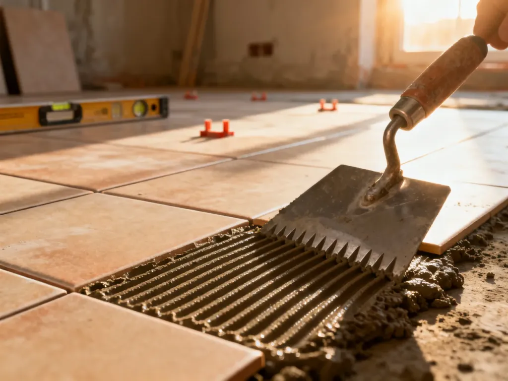 Proces układania płytek 20x60 cm na podłodze z widoczną kielnią zębatą rozprowadzającą zaprawę.
