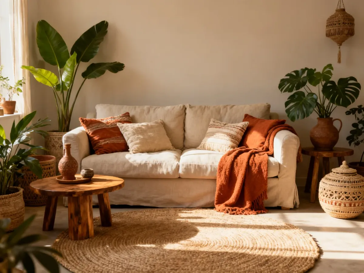Przytulny salon boho z naturalnymi materiałami, roślinami i warstwowymi tekstyliami