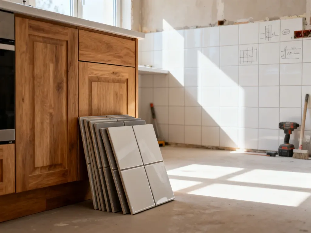 Płytki ceramiczne i elementy szafek kuchennych na podłodze w trakcie remontu kuchni.