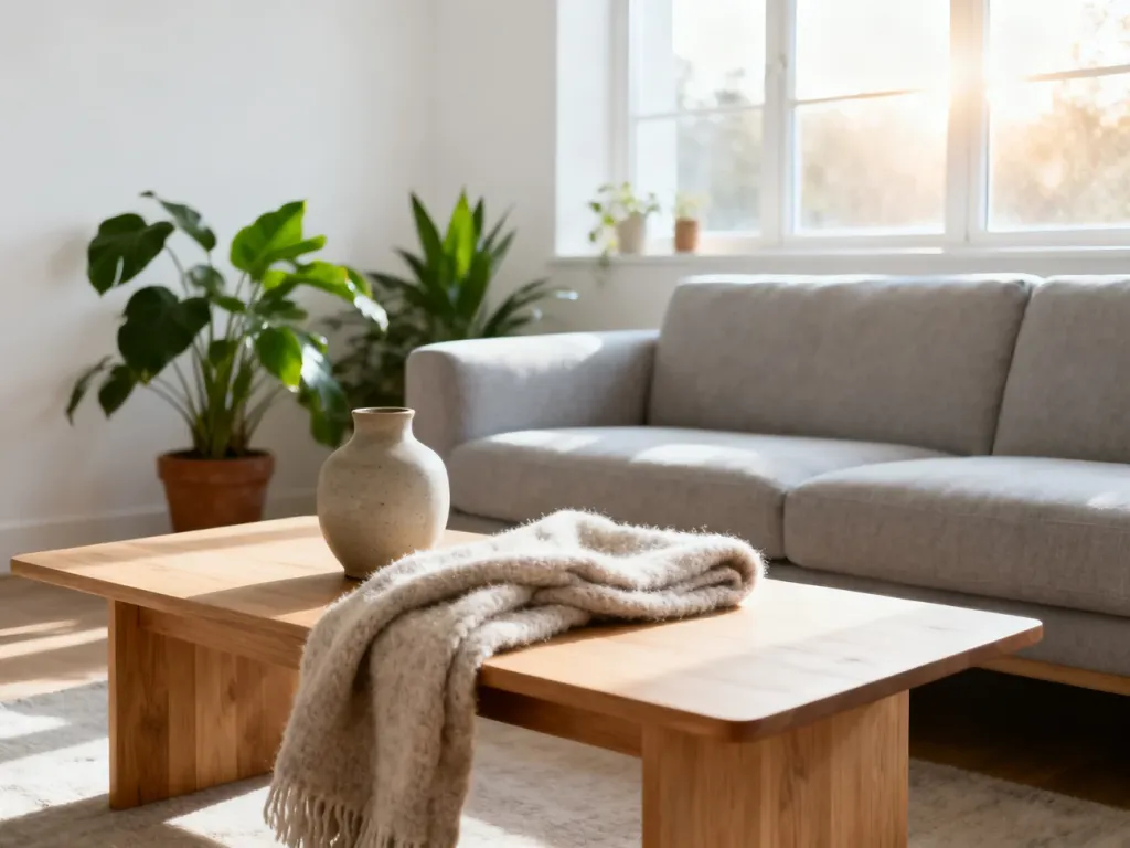 Jasny salon w stylu skandynawskim z szarą sofą, drewnianym stolikiem kawowym i roślinami, tworzący przytulną atmosferę.
