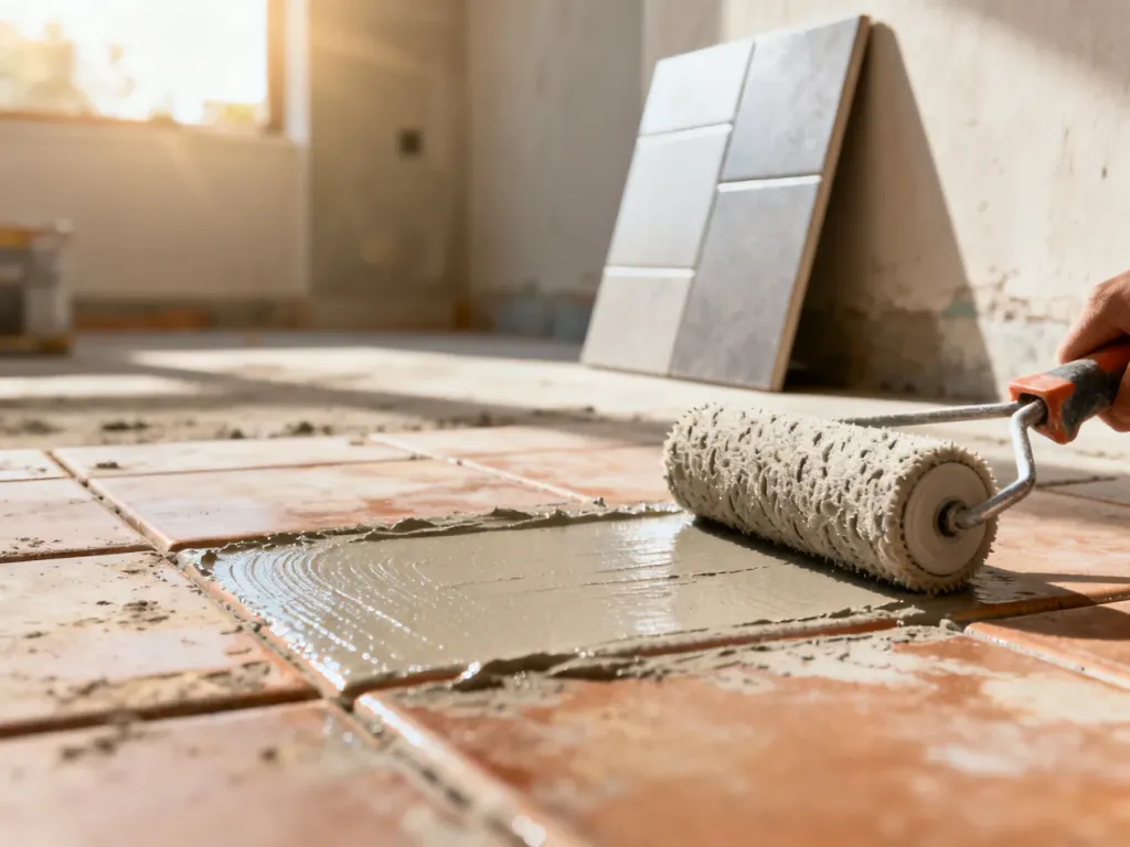 Nakładanie wałkiem gruntu scepnego na stare płytki ceramiczne w celu przygotowania podłoża pod nowe kafelki.