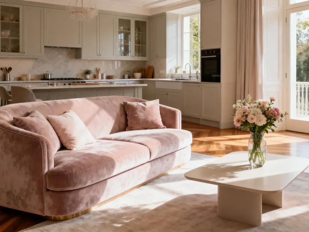 Nowoczesny salon z welurową sofą i jasną kuchnią, utrzymany w przytulnej, pastelowej kolorystyce.
