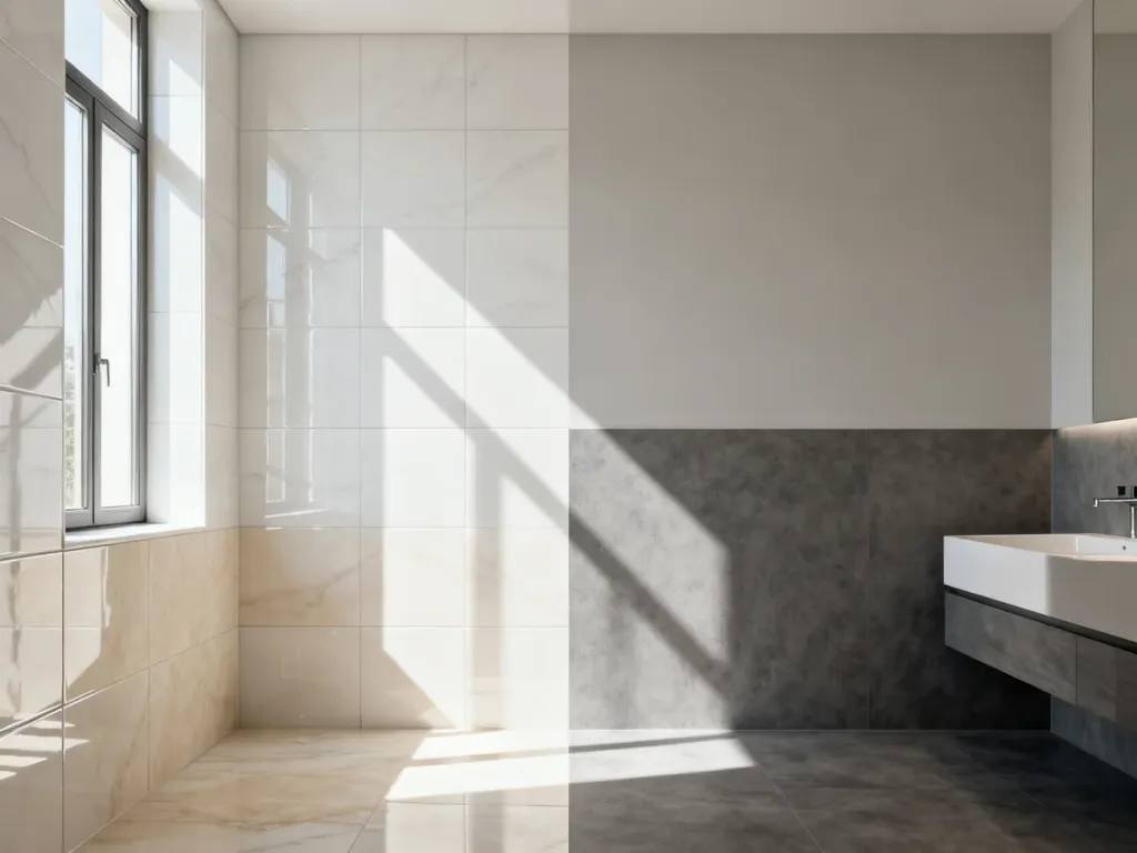 Porównanie dwóch sposobów wykończenia ścian w łazience: eleganckich płytek ceramicznych oraz gładkiej, matowej farby.
