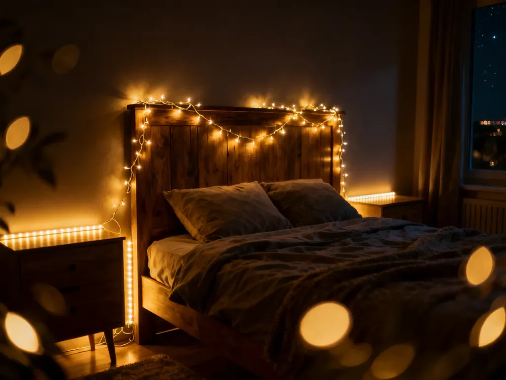Przytulna sypialnia oświetlona ciepłym blaskiem lampek typu fairy lights i taśm LED ukrytych za meblami.