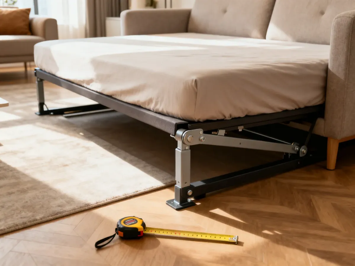 Rozkładana sofa w salonie pokazująca równą powierzchnię spania i wolne miejsce wokół mebla