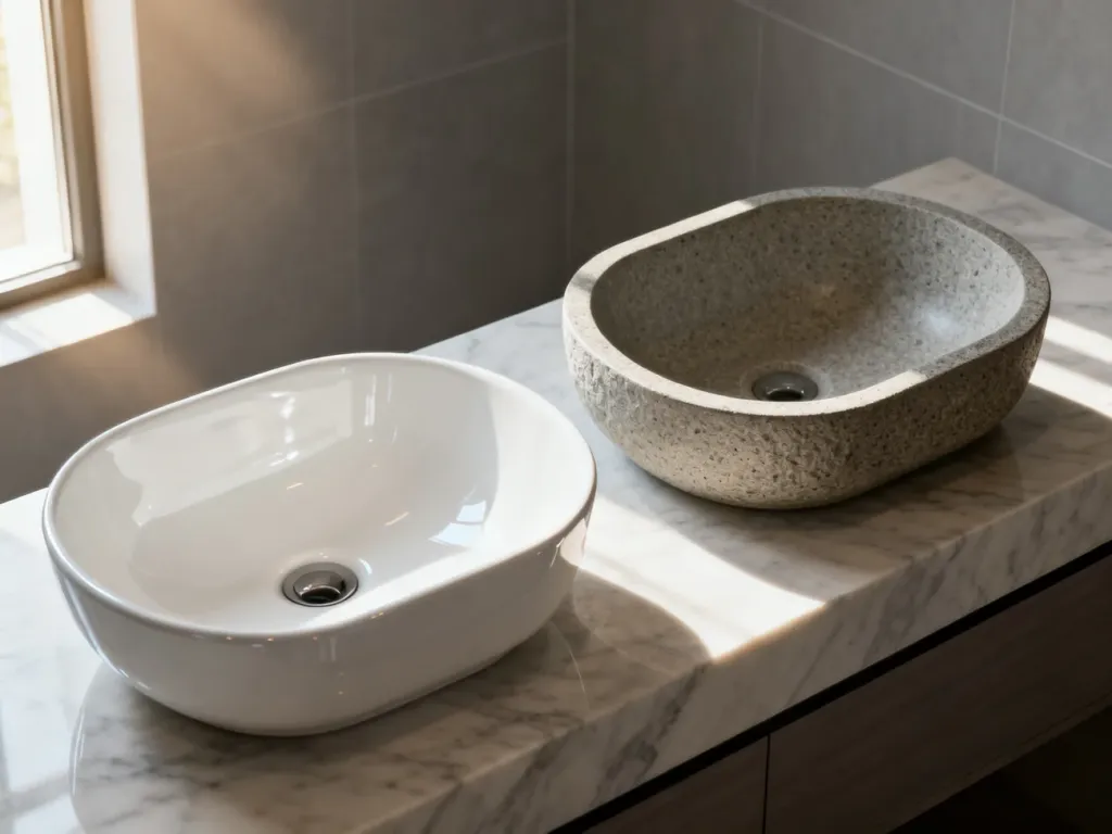 Porównanie białej umywalki ceramicznej i matowej umywalki z konglomeratu na marmurowym blacie w nowoczesnej łazience.