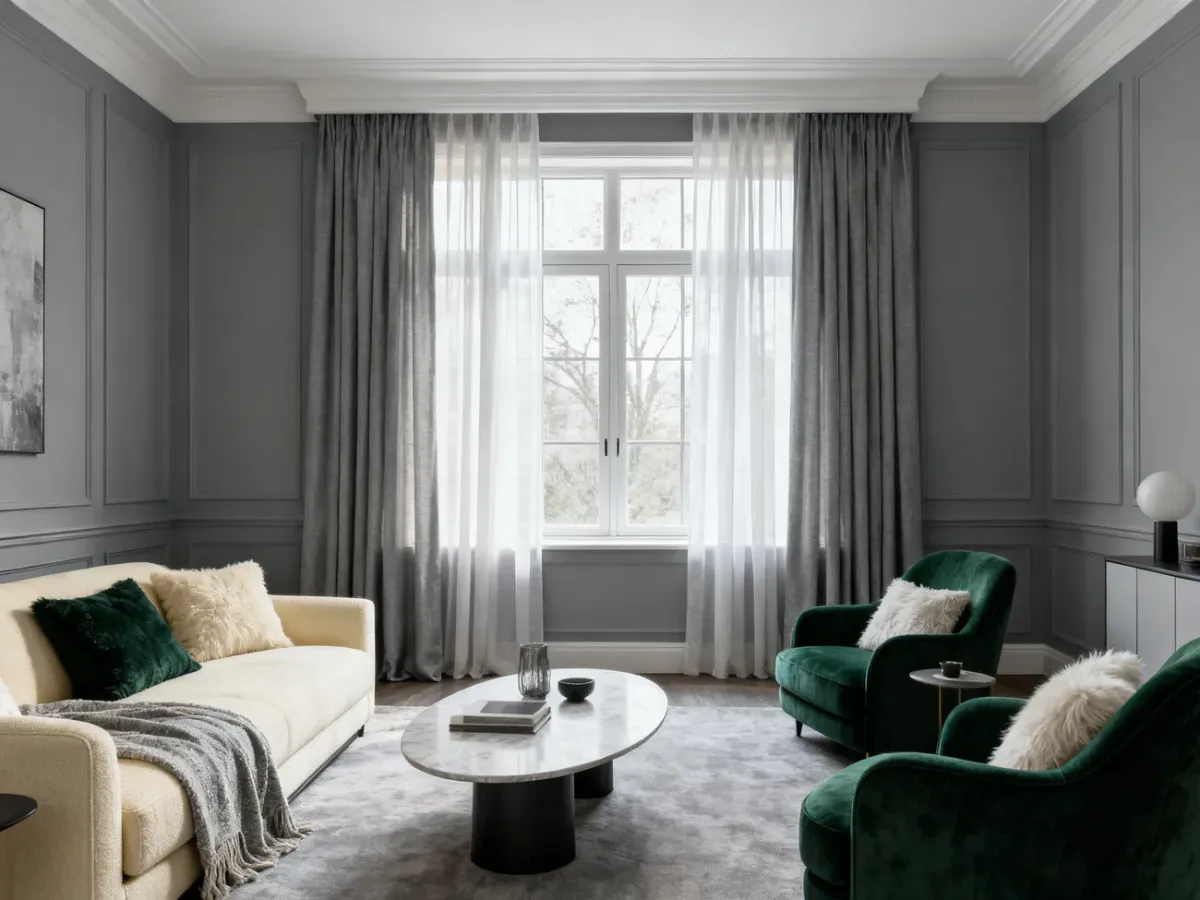 Elegancki szary salon z różnymi zasłonami przy dużym oknie