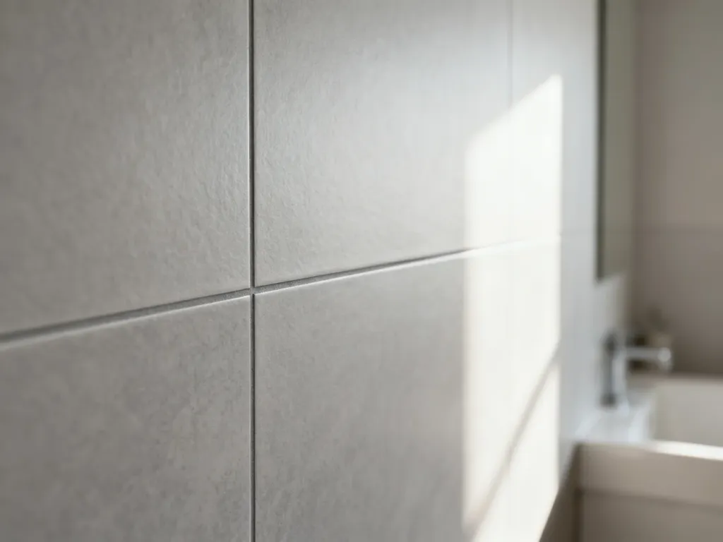 Zbliżenie na precyzyjną fugę między płytkami 60x60 w nowoczesnej łazience o neutralnej kolorystyce.