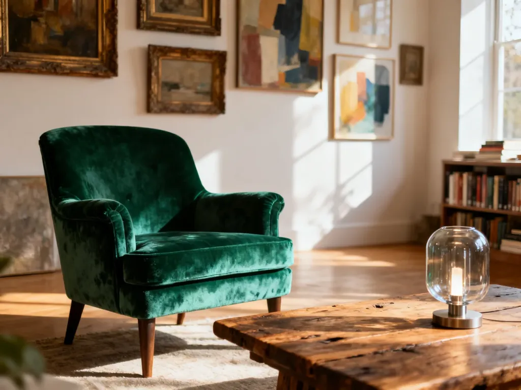 Eklektyczny salon łączący aksamitny fotel, rustykalny stolik i nowoczesne dodatki w spójną, stylową aranżację.