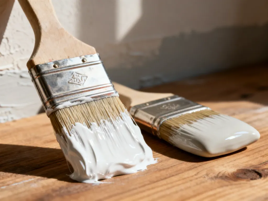 Dwa pędzle z farbą akrylową i ceramiczną na drewnianym blacie, prezentujące różnice w fakturze i wykończeniu powłok.