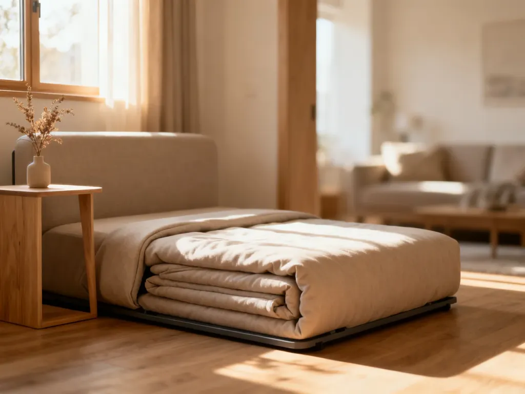 Nowoczesna sofa z funkcją spania w przytulnym salonie, idealna do aranżacji niewielkiego mieszkania.