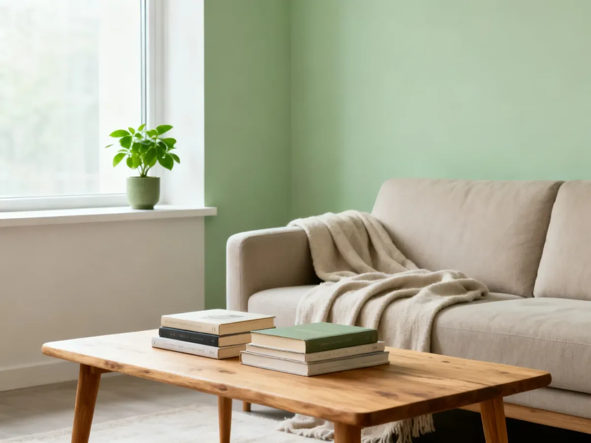 Przytulne minimalistyczne wnętrze z naturalnymi materiałami, rośliną i starannie dobranymi przedmiotami