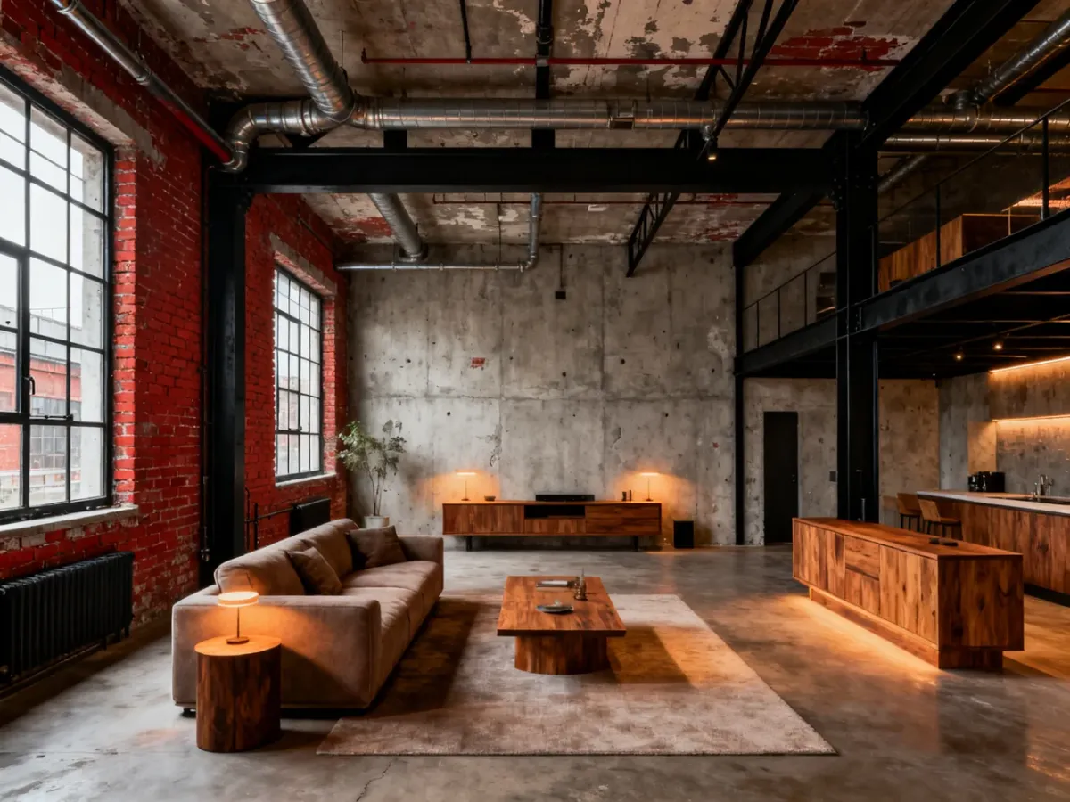 Salon w stylu industrialnym z ceglaną ścianą, betonem i metalowymi elementami
