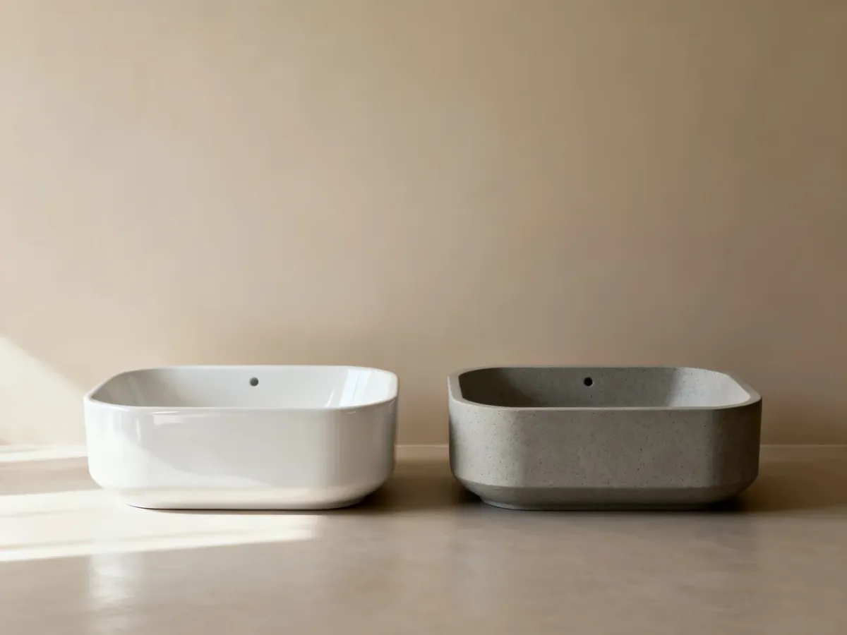 Nowoczesna łazienka z porównaniem ceramicznej i konglomeratowej umywalki