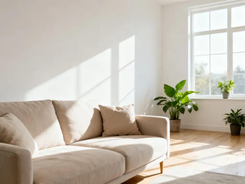 Jasny, minimalistyczny salon z beżową sofą przy dużym oknie, wypełniony naturalnym światłem słonecznym.