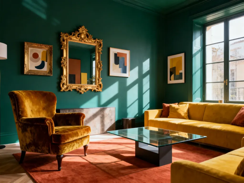 Eklektyczny salon łączący zabytkowy fotel z nowoczesnym stolikiem oraz zestawienie klasycznych ram ze sztuką abstrakcyjną.