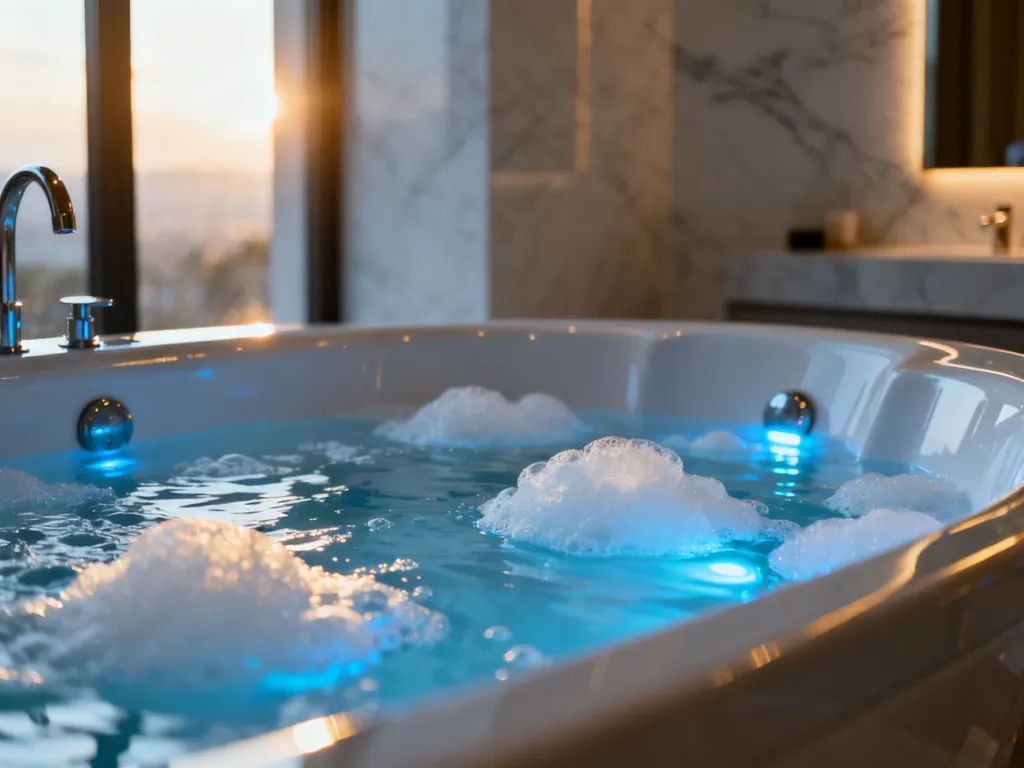 Nowoczesna wanna z hydromasażem w luksusowej łazience, tworząca atmosferę relaksu i domowego spa.