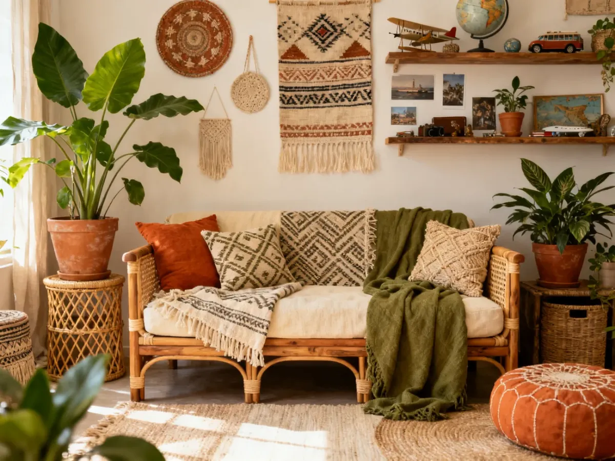 Eklektyczne wnętrze w stylu boho z rattanem, roślinami i naturalnymi dekoracjami