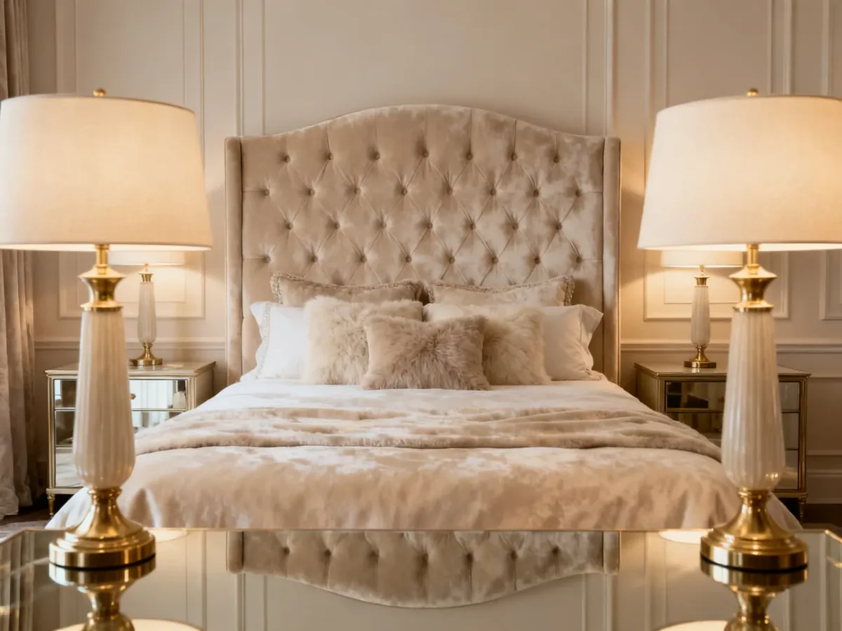 Elegancka sypialnia glamour z pikowanym łóżkiem i symetrycznymi szafkami nocnymi