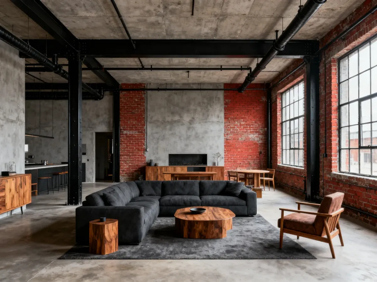 Salon w stylu industrialnym z cegłą, betonem, stalą i drewnem