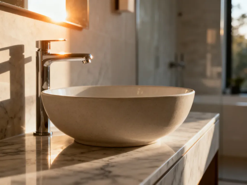 Nowoczesna ceramiczna umywalka nablatowa na marmurowym blacie w jasnej łazience, ukazująca detale montażu i armatury.